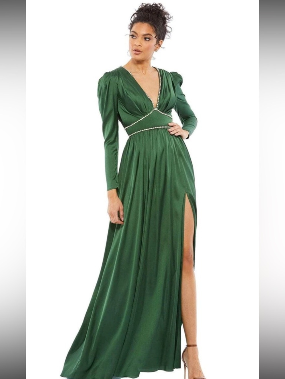 Mac Duggal Emerald Green V-Neck Long Sleeve Evening Dress